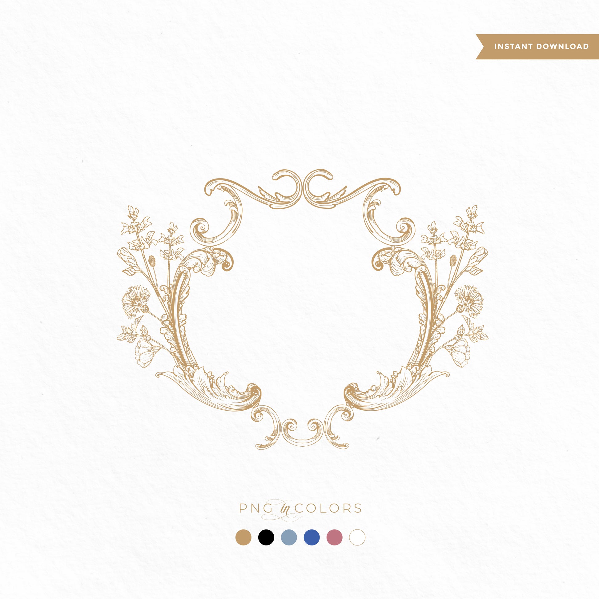 High-resolution PNG preview of fine art floral wedding logo in gold – vintage elegant crest template for invitations and branding by LinvitInstant