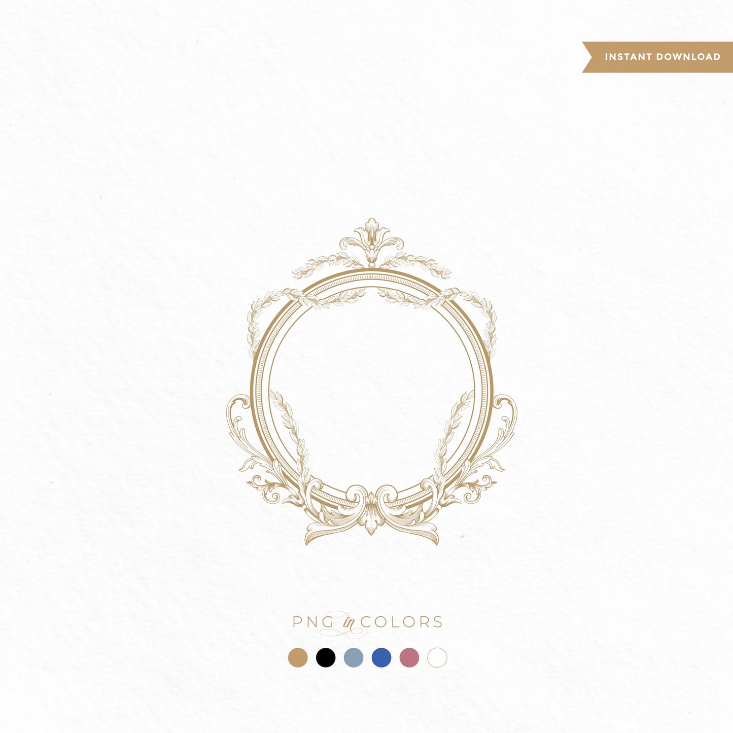 Intricate gold wedding crest with laurel scrolls and ornamental frame – fine art monogram SVG and PNG in multiple colors for instant download by LinvitInstant

