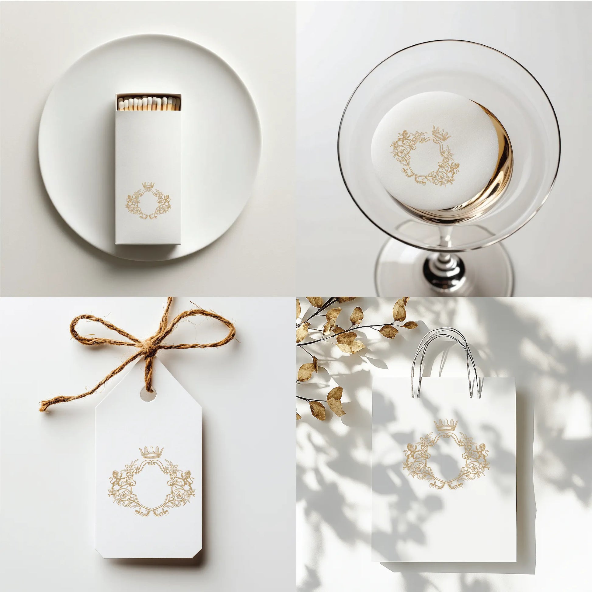 Royal heraldic monogram crest with lions and crown featured on luxury matchbox, martini glass, gift tag, and shopping bag — gold fine art wedding logo design by linvitinstant