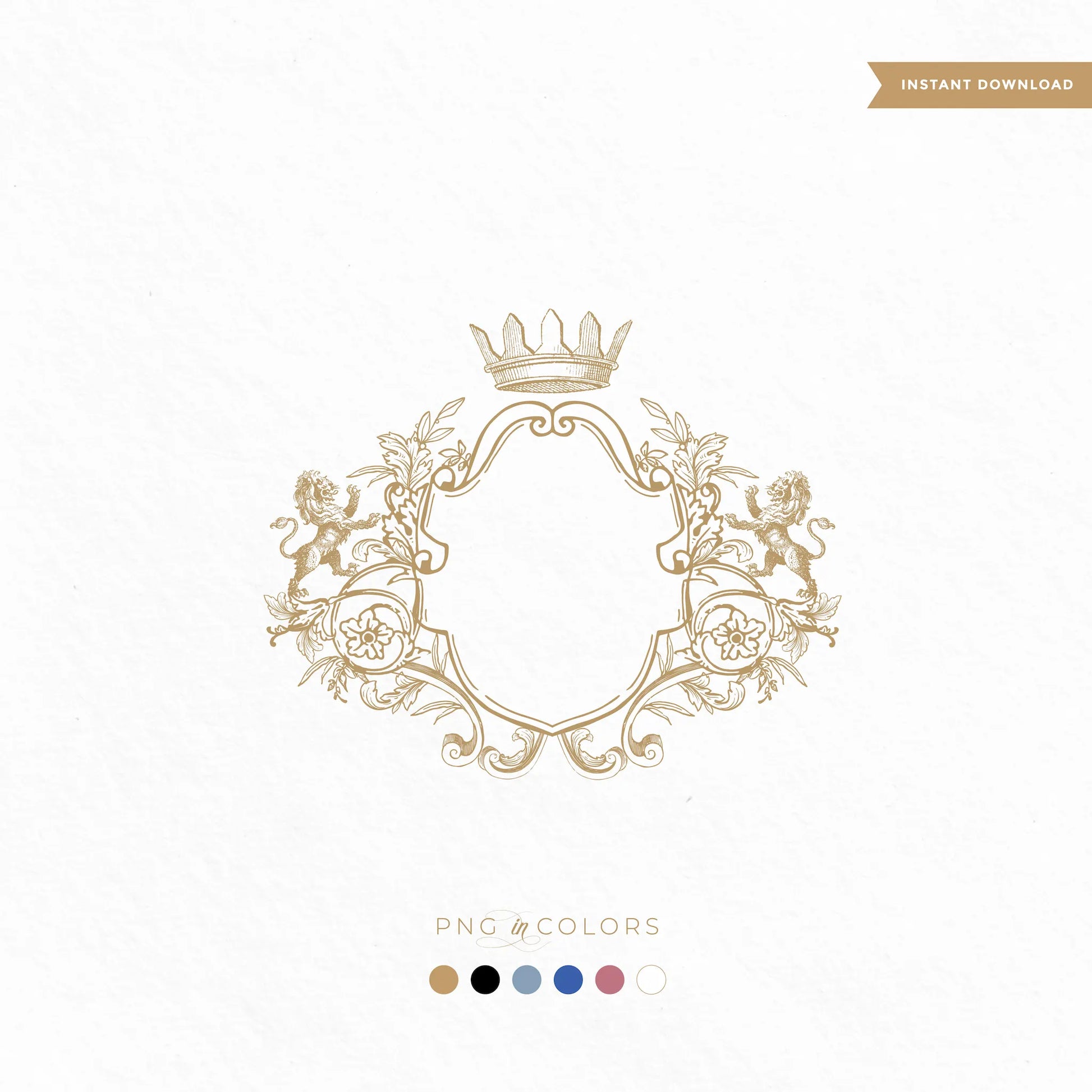 Elegant heraldic crest with rampant lions, vintage scrolls, and royal crown in gold — fine art wedding monogram SVG and PNG by linvitinstant, available in 6 colors