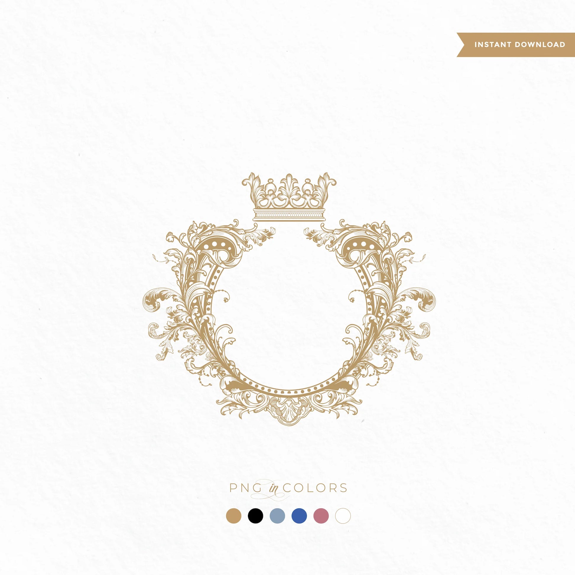 Luxury crown monogram crest in gold with intricate baroque details — fine art wedding logo PNG in multiple colors by linvitinstant
