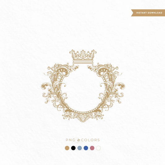 Luxury crown monogram crest in gold with intricate baroque details — fine art wedding logo PNG in multiple colors by linvitinstant