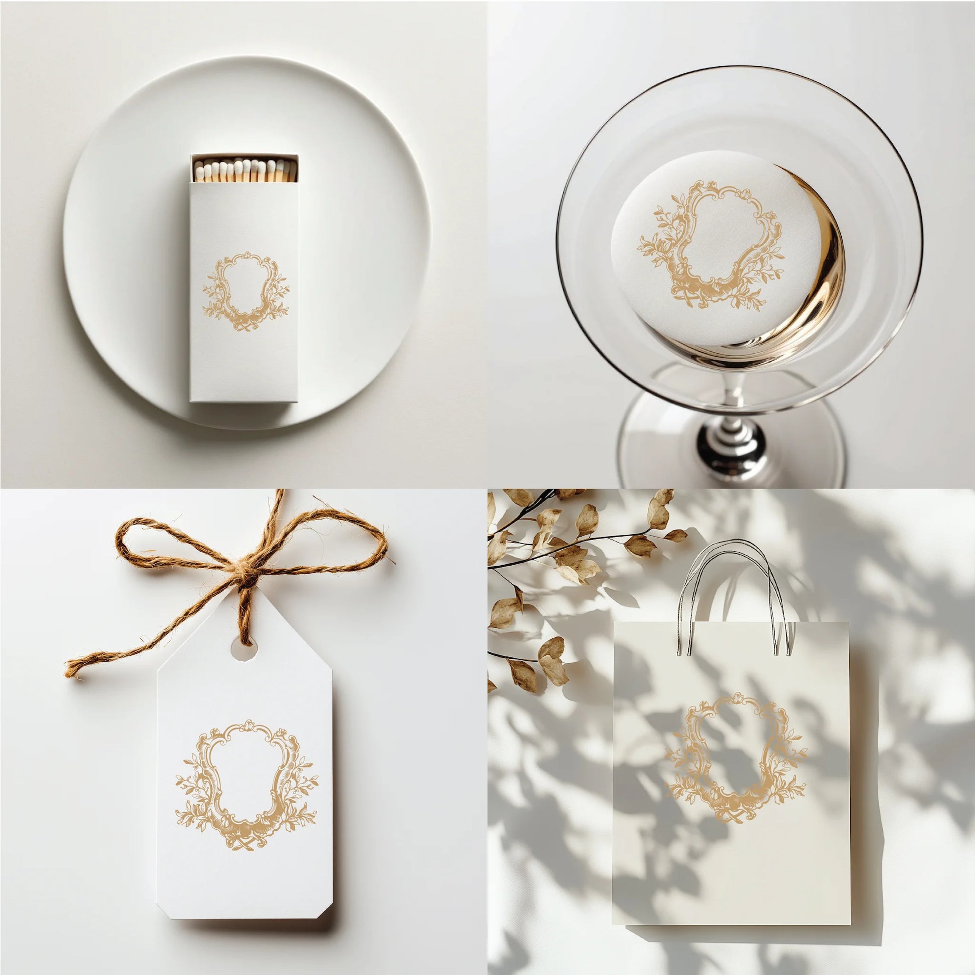 Custom monogram crest design with rococo frame and floral engravings, printed on matches, toppers, tags, and favor bags for PNG decor use