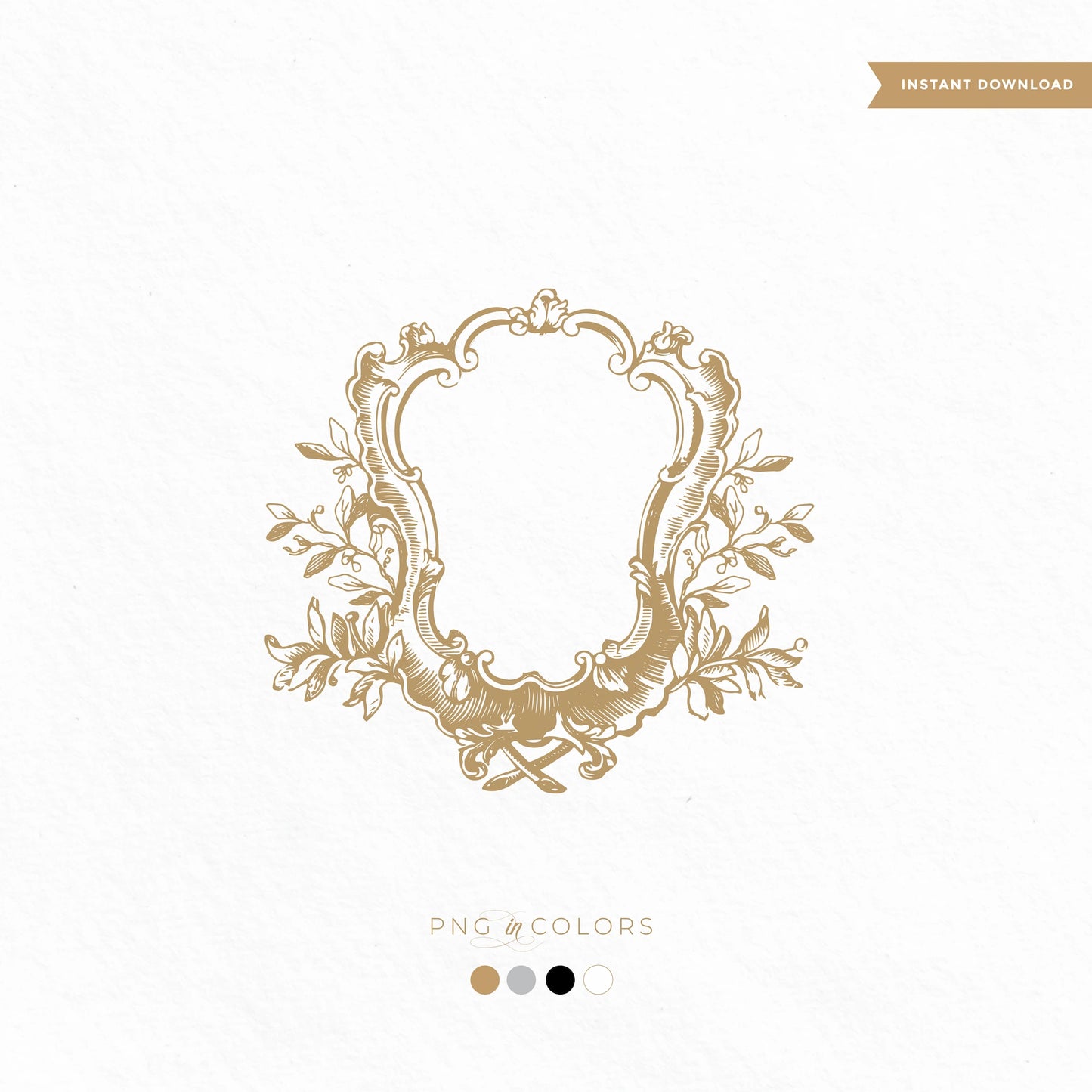 Vintage wedding logo crest with ornate scroll frame and botanical elements, editable PNG in 4 colors for elegant digital download use