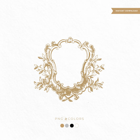 Vintage wedding logo crest with ornate scroll frame and botanical elements, editable PNG in 4 colors for elegant digital download use