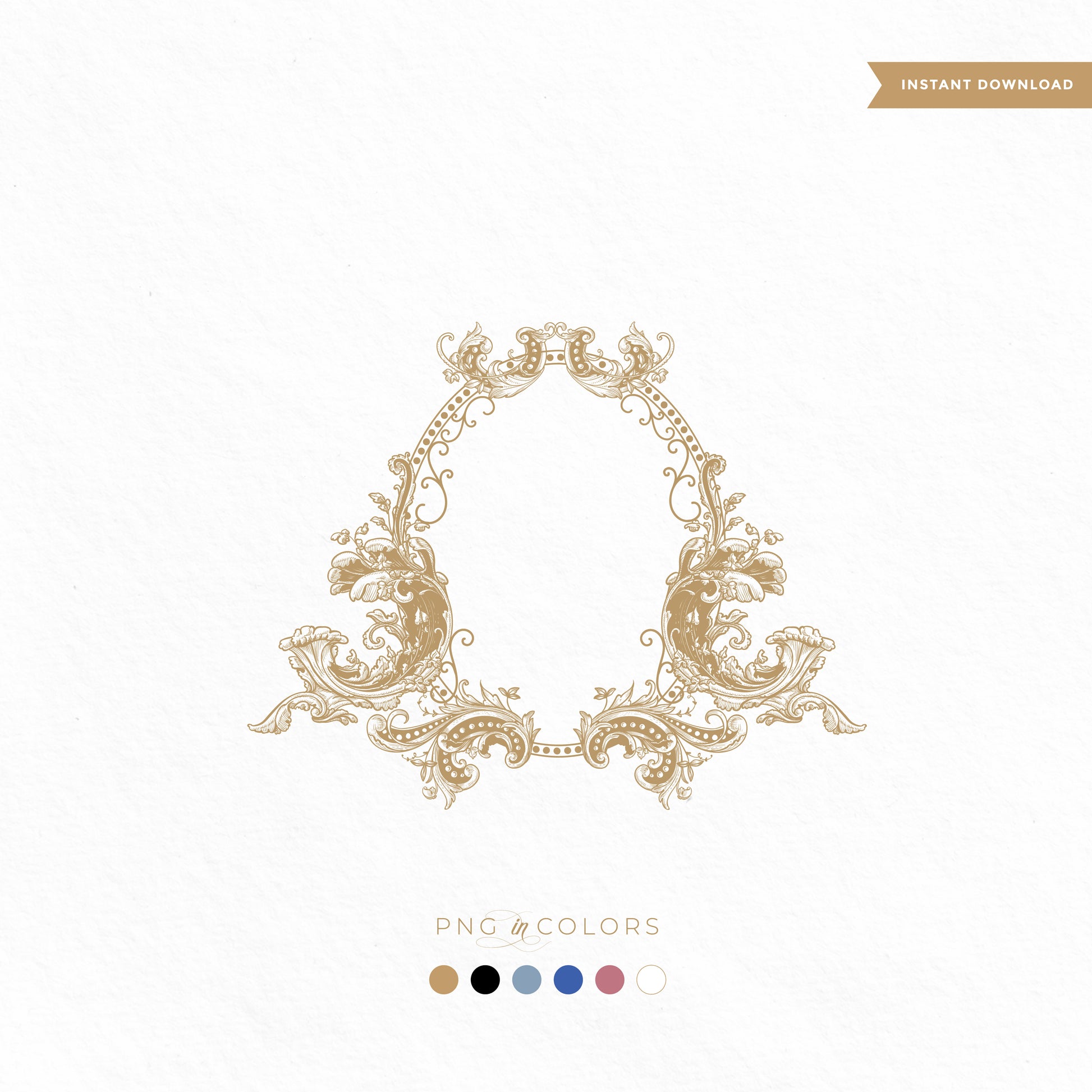 Editable fine art wedding crest design in ornate gold chinoiserie style with floral scrolls, available in PNG and SVG – perfect for dusty blue and luxury invitation paperies