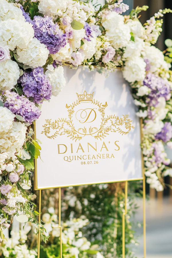 quinceañera logo design, welcome sign mockup showing the logo displayed at the event entrance