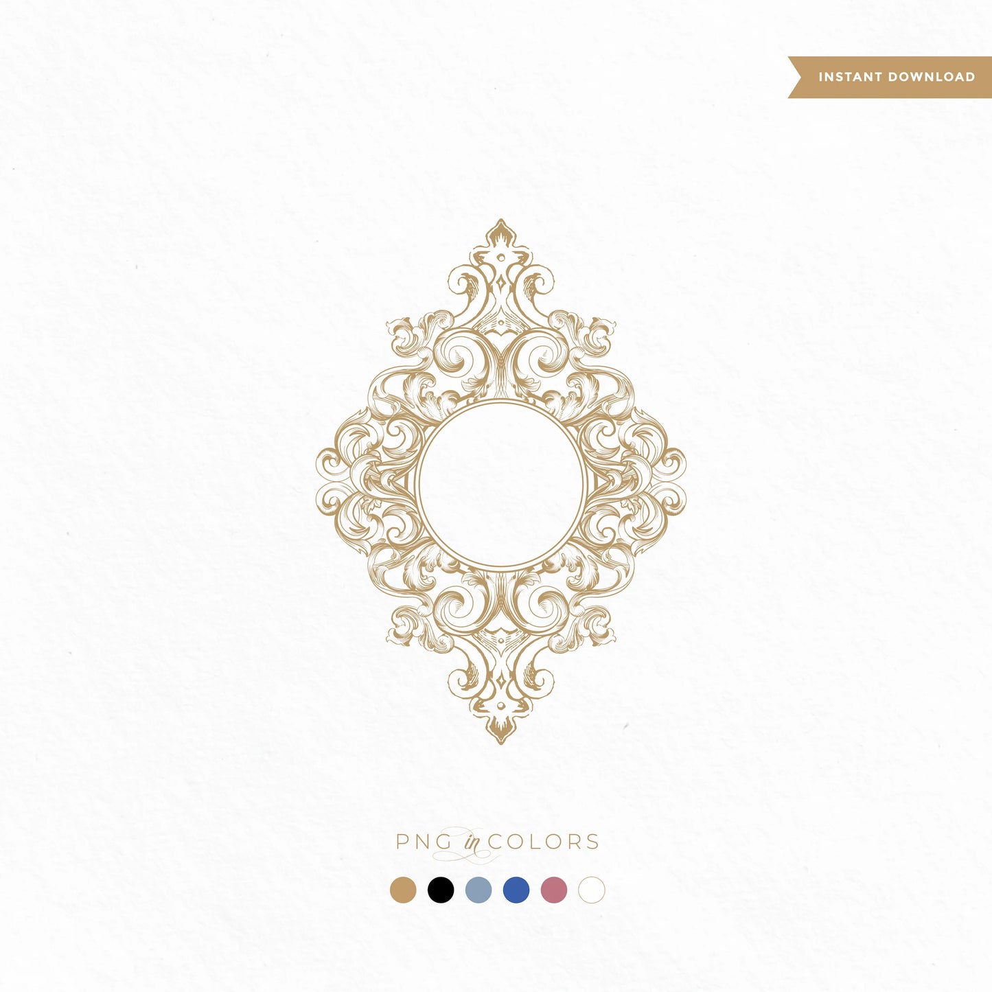 Fine art scrollwork wedding crest with vintage engraving style in gold – circular monogram frame for luxury wedding decals, SVG and PNG included in multiple colors

