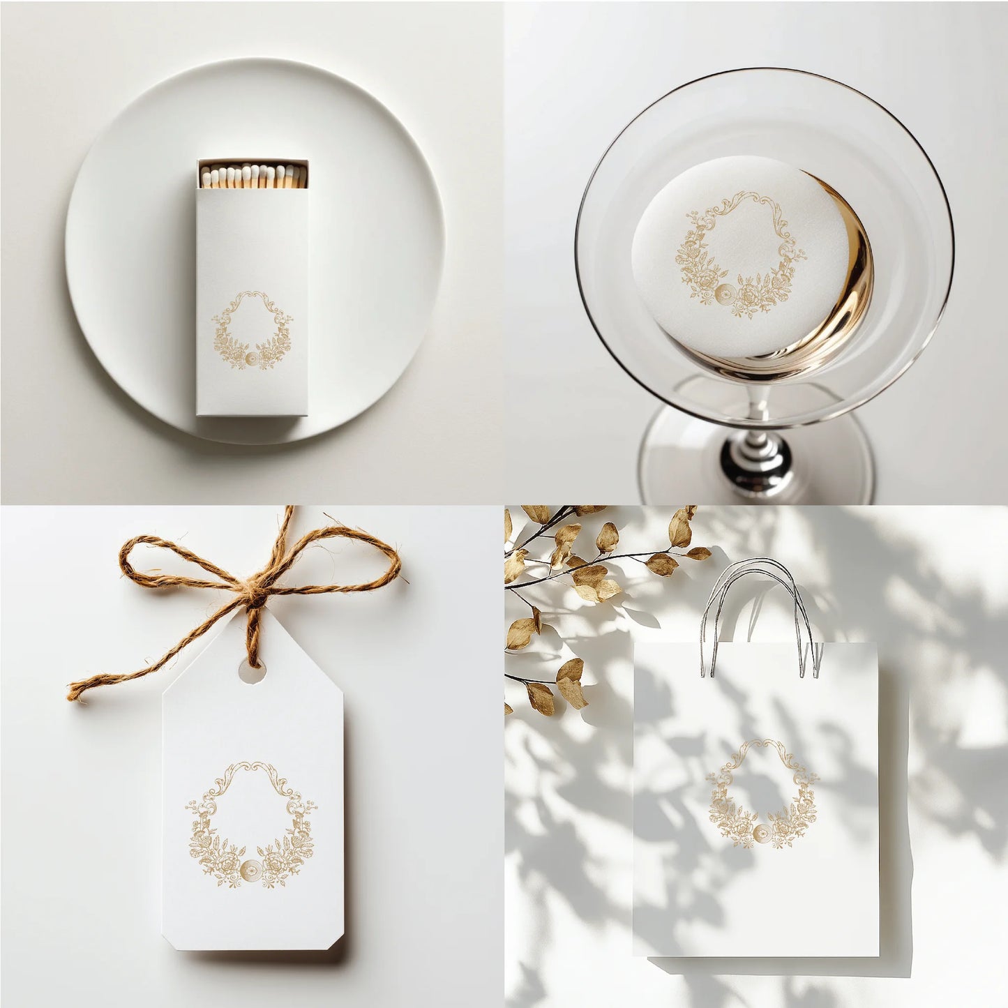 Botanical floral wedding monogram crest printed on matchbox, cocktail napkin, gift tag, and boutique bag – perfect for bespoke invitations and fine art wedding favors


