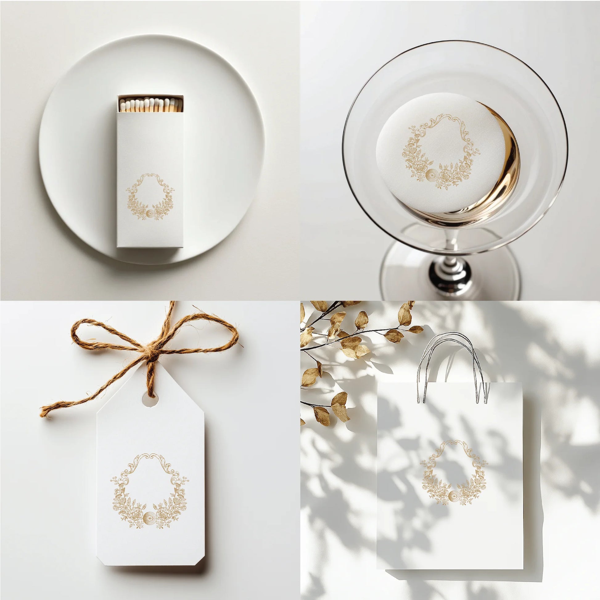 Botanical floral wedding monogram crest printed on matchbox, cocktail napkin, gift tag, and boutique bag – perfect for bespoke invitations and fine art wedding favors


