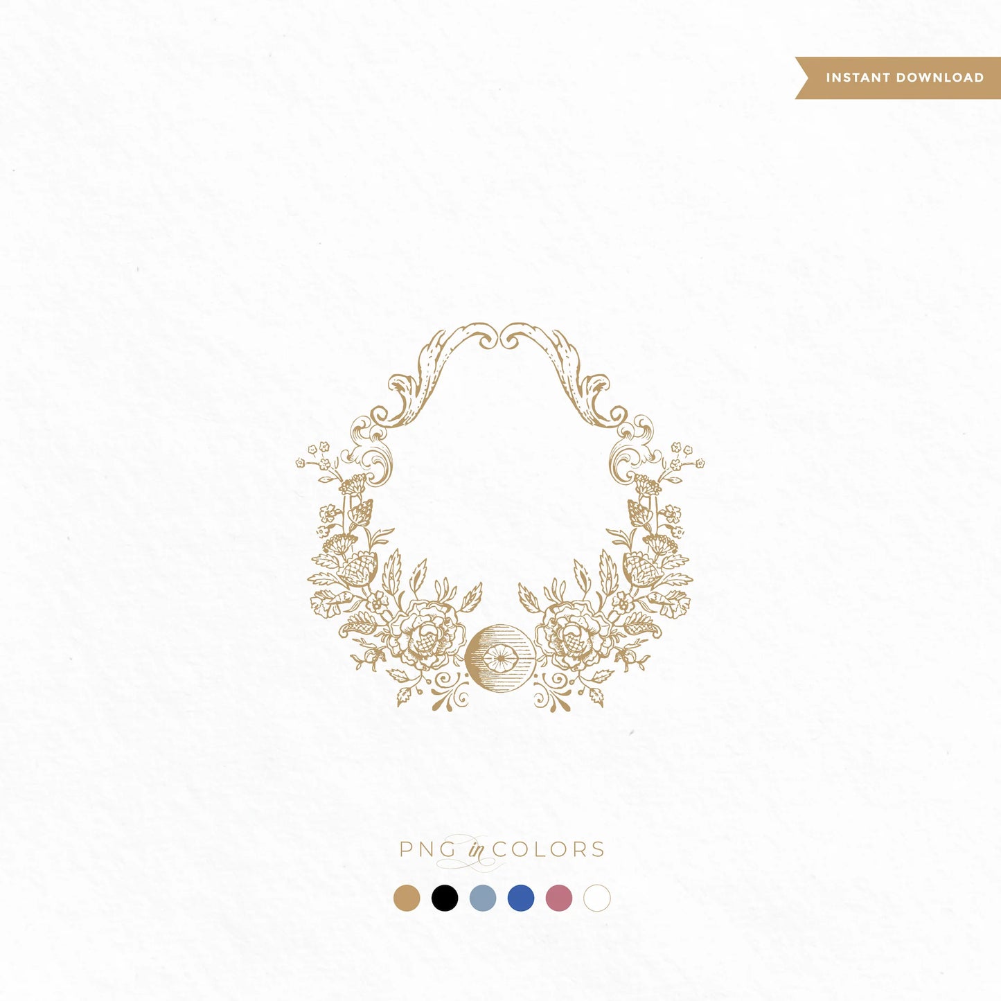 Vintage botanical wedding logo SVG featuring delicate florals, central rose medallion, and scroll crest – available in gold and PNG colors for premium stationery design

