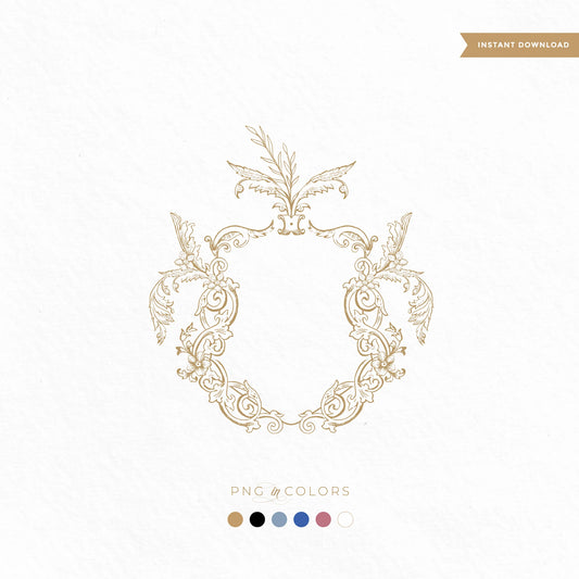 Hand-drawn vintage crest with ornate monogram frame and laurel leaves in gold – available in PNG colors for luxury fine art wedding logos and custom invitation suites