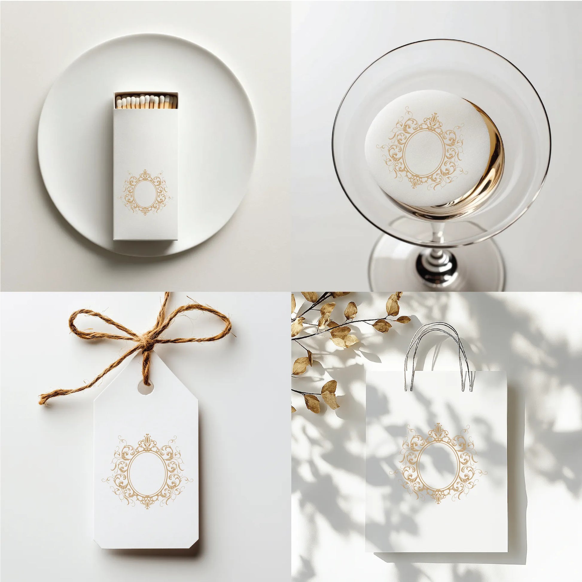Baroque scroll wedding logo on matchboxes, cocktail drink topper, gift tag and paper bag – elegant fine art crest design in SVG PNG