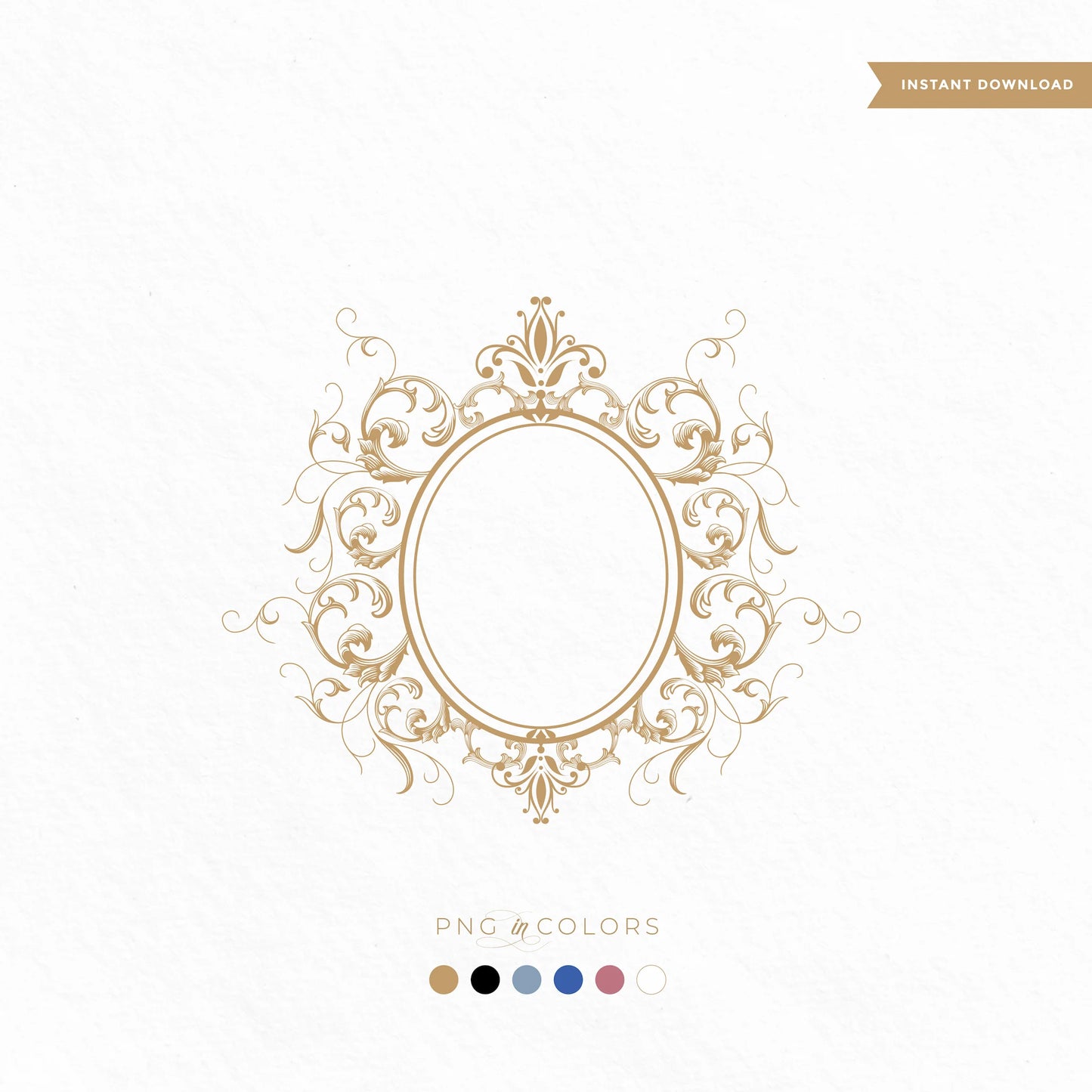 Editable fine art baroque monogram crest with scrollwork frame – wedding logo design in 6 colors PNG for foil, letterpress, and signage