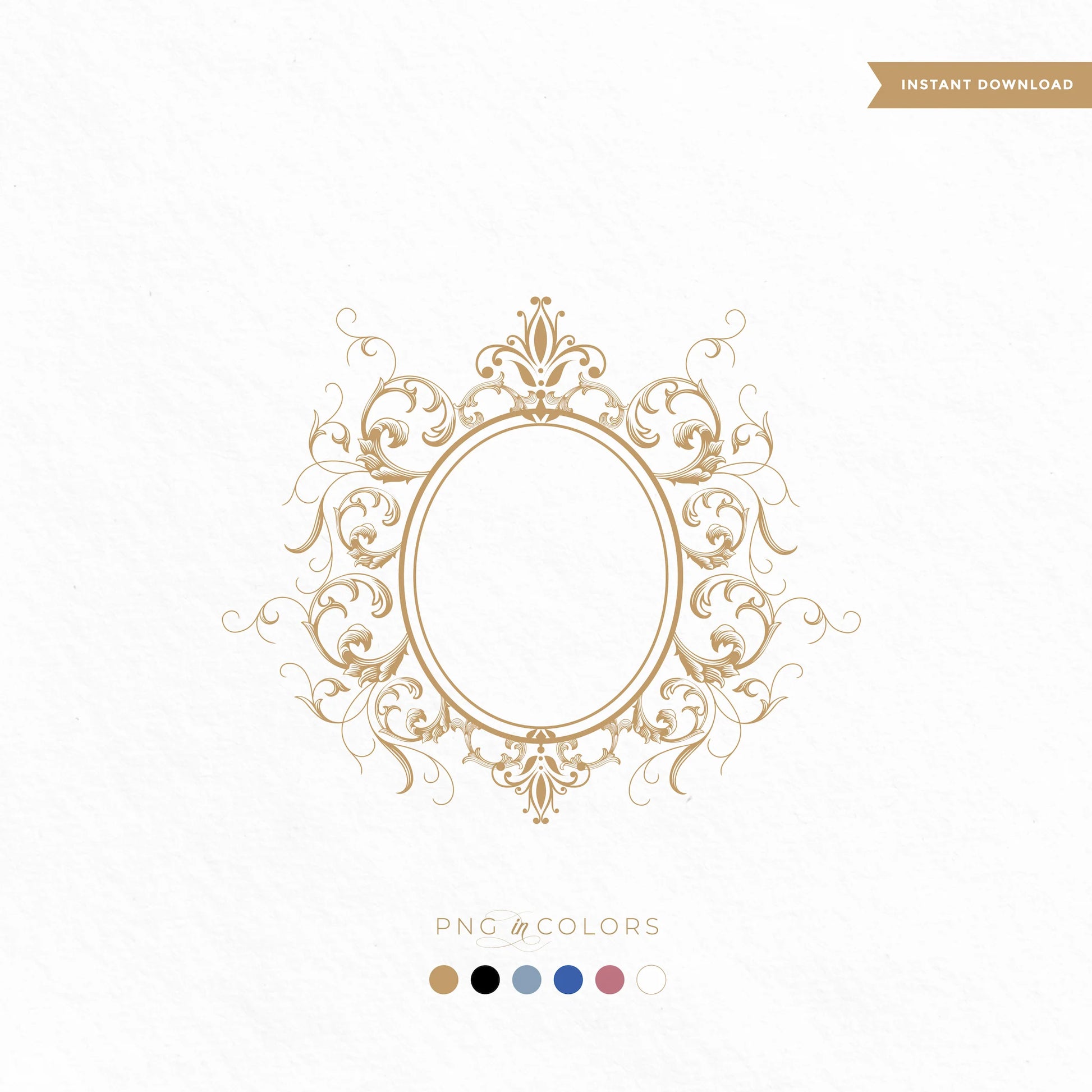 Editable fine art baroque monogram crest with scrollwork frame – wedding logo design in 6 colors PNG for foil, letterpress, and signage