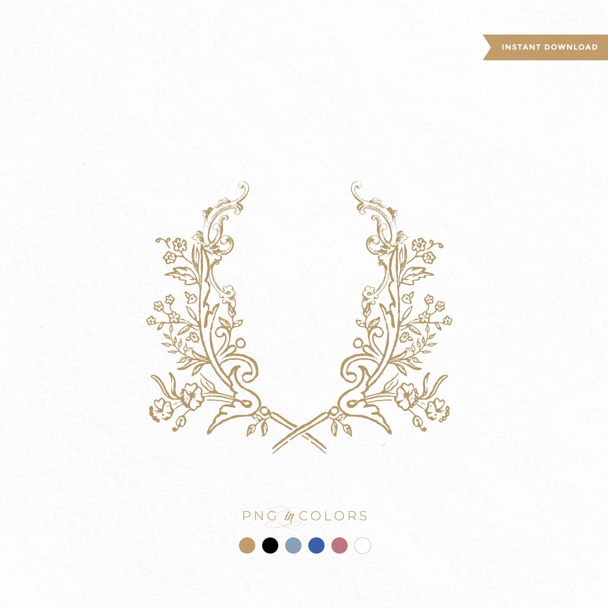 Delicate hand-drawn fine art wedding monogram with symmetrical botanical elements — available in gold, black, ivory, blush, dusty blue, and rose PNG for invitation and foil printing.