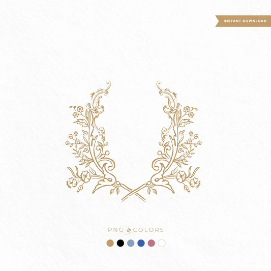 Delicate hand-drawn fine art wedding monogram with symmetrical botanical elements — available in gold, black, ivory, blush, dusty blue, and rose PNG for invitation and foil printing.