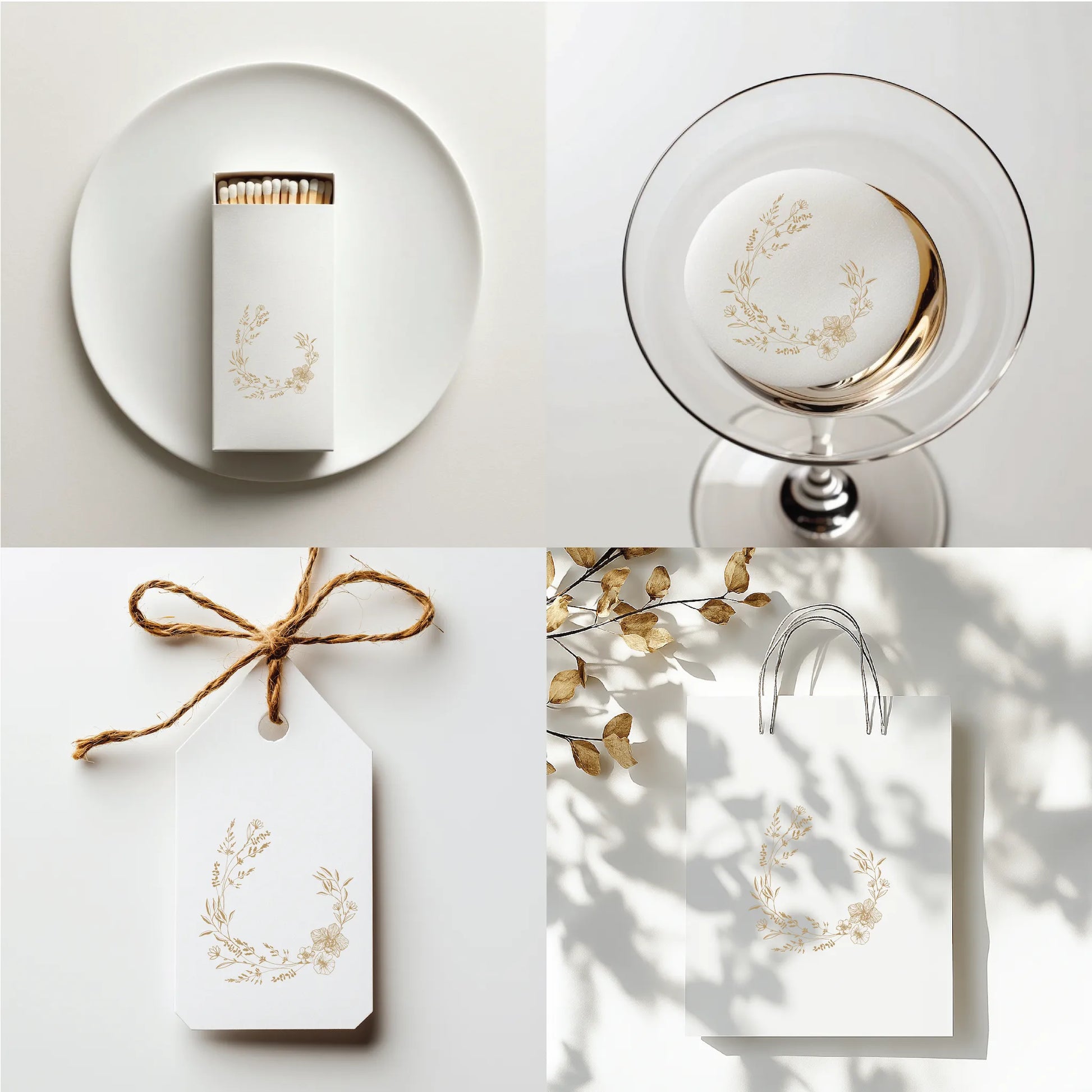 Modern floral wedding wreath logo in gold shown on matchbox, cocktail detail, gift tag, and luxury paper bag — fine line art monogram design by linvitinstant