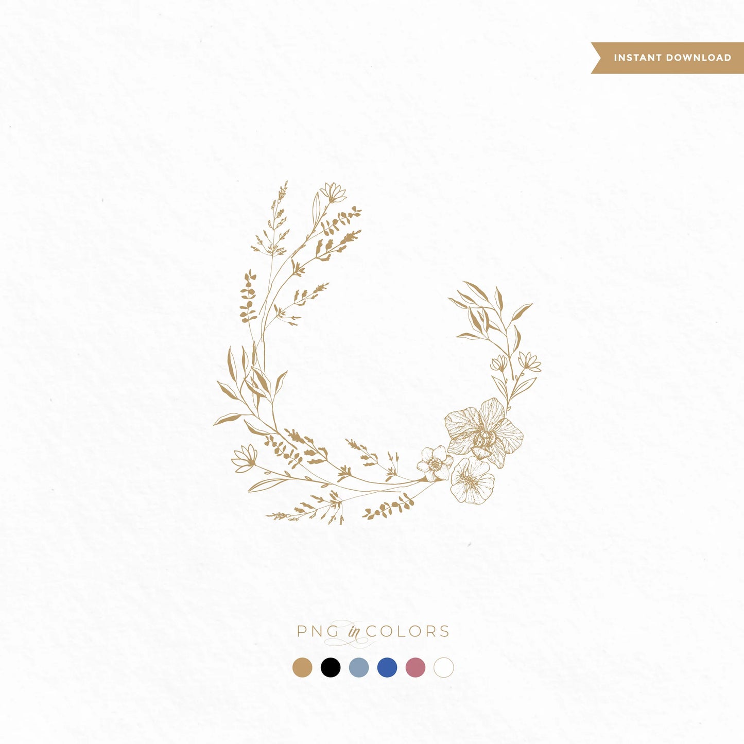 Delicate line art floral wreath logo with minimalist wildflowers — fine art wedding monogram PNG in gold, black, blue, rose gold, and ivory by linvitinstant