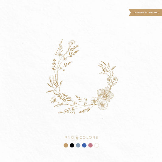 Delicate line art floral wreath logo with minimalist wildflowers — fine art wedding monogram PNG in gold, black, blue, rose gold, and ivory by linvitinstant
