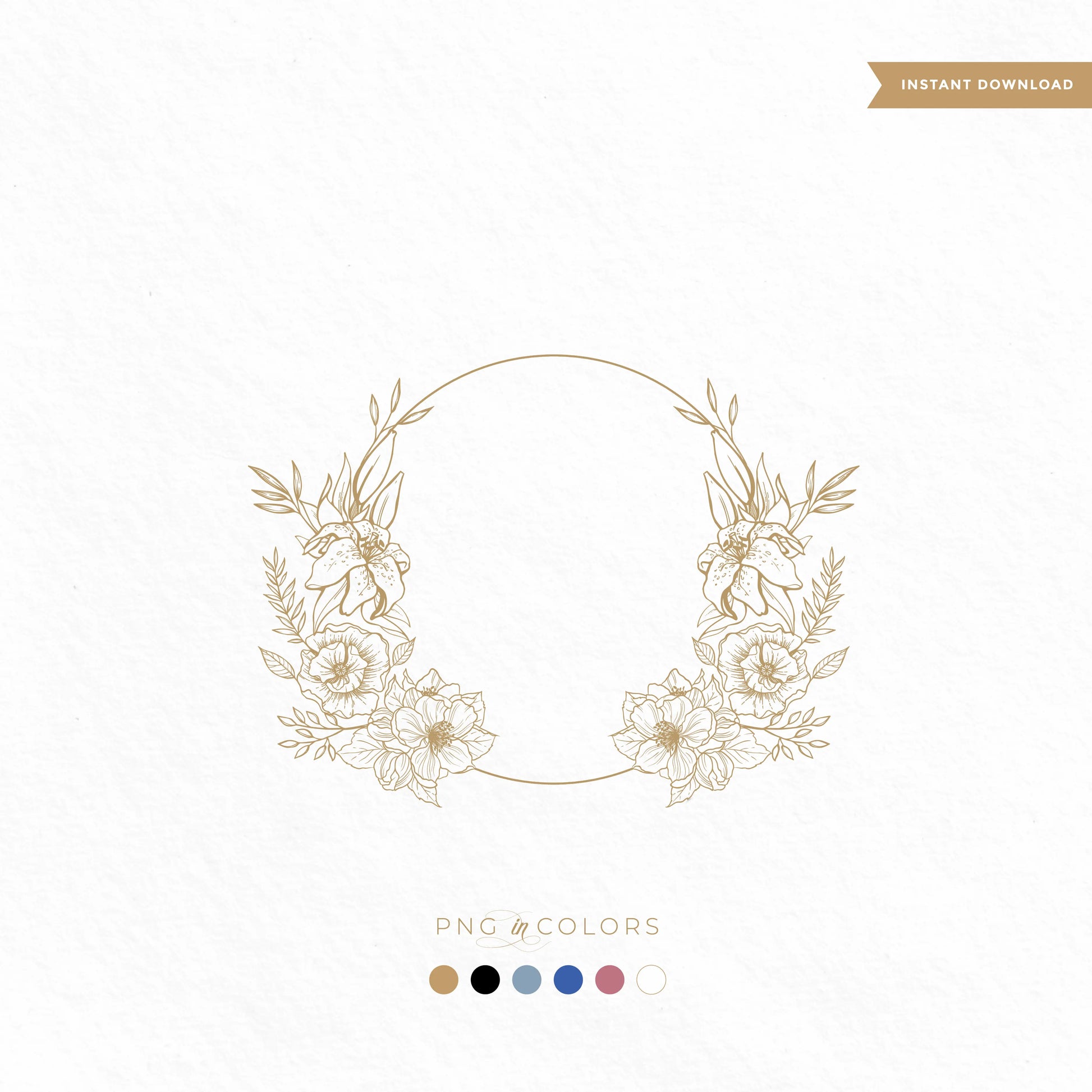 Delicate floral wreath crest with peonies, lilies, and fleur-de-lis in gold — modern wedding logo PNG and SVG for boho summer or spring weddings, created by LinvitInstant.