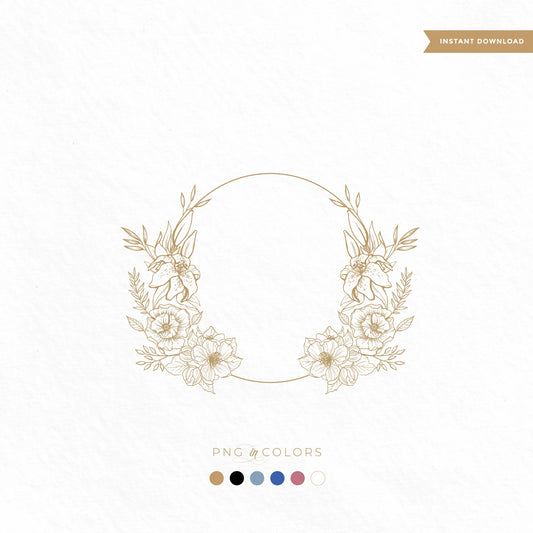 Delicate floral wreath crest with peonies, lilies, and fleur-de-lis in gold — modern wedding logo PNG and SVG for boho summer or spring weddings, created by LinvitInstant.