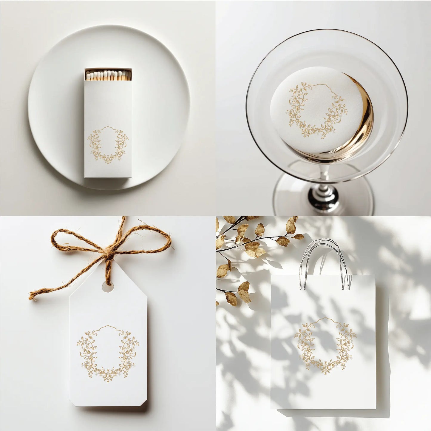 Luxury wedding logo crest with vintage floral frame shown on matchbox, cocktail disk, favor tag, and packaging — fine art monogram design by linvitinstant