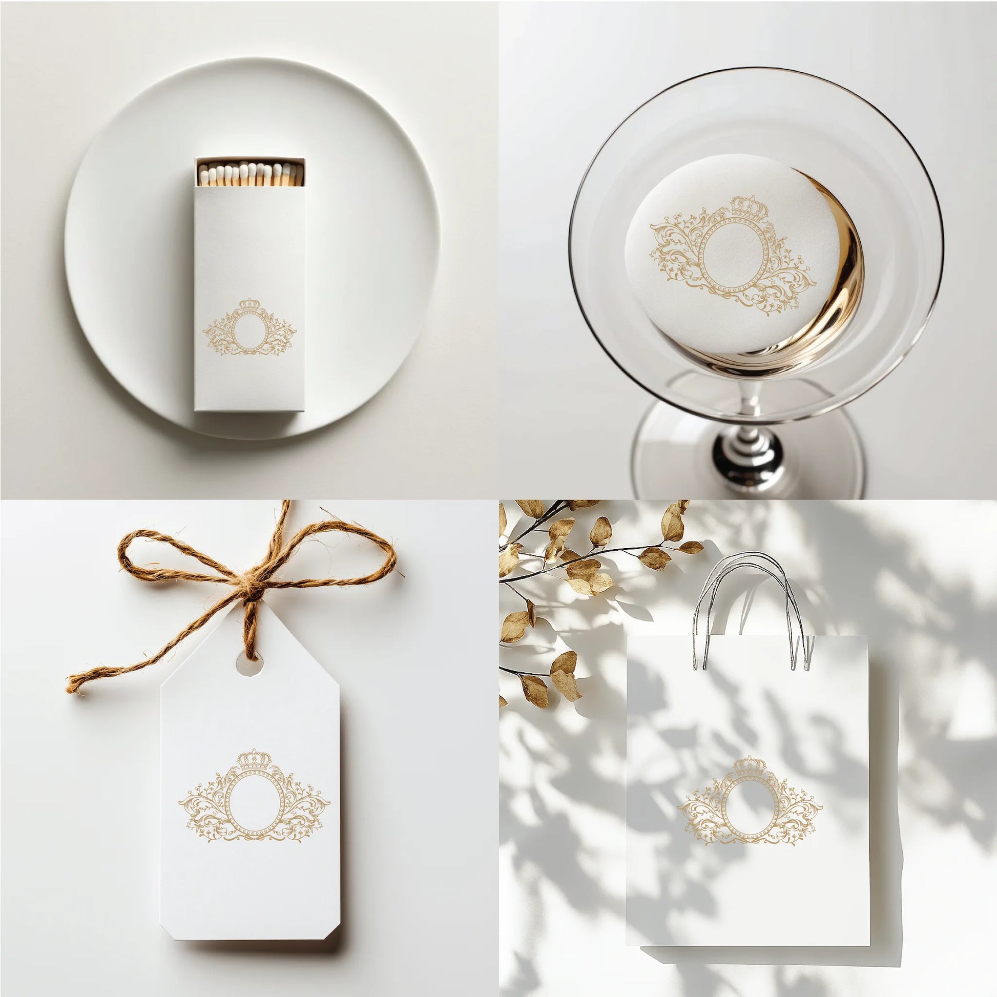 Ornate floral crown crest used on wedding matchboxes, signature cocktail glass, gift tags, and boutique bags — elegant royal monogram design for upscale wedding branding and favors.