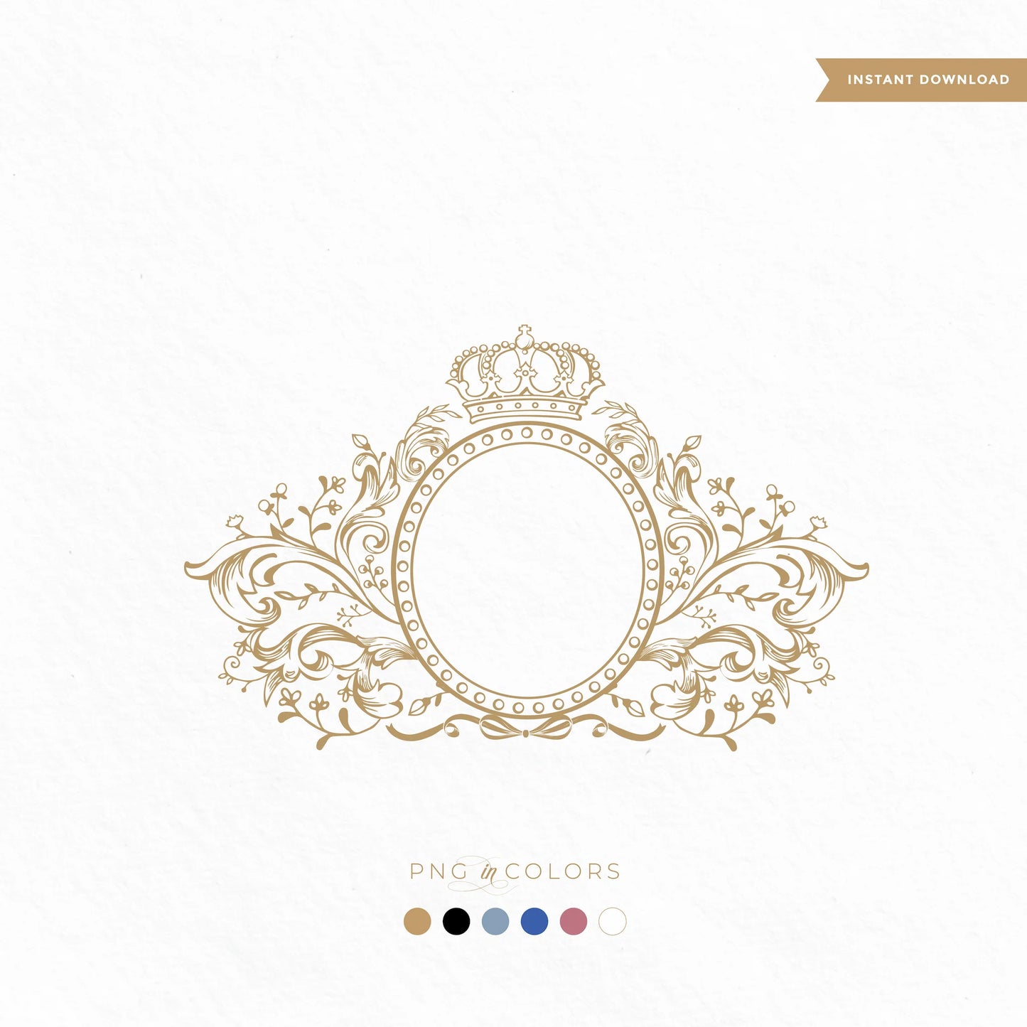 Royal wedding logo SVG with floral filigree and crown — available in 6 PNG colors including gold, black, dusty blue, mauve, ivory, and blush — ideal for regal fine art invitations.