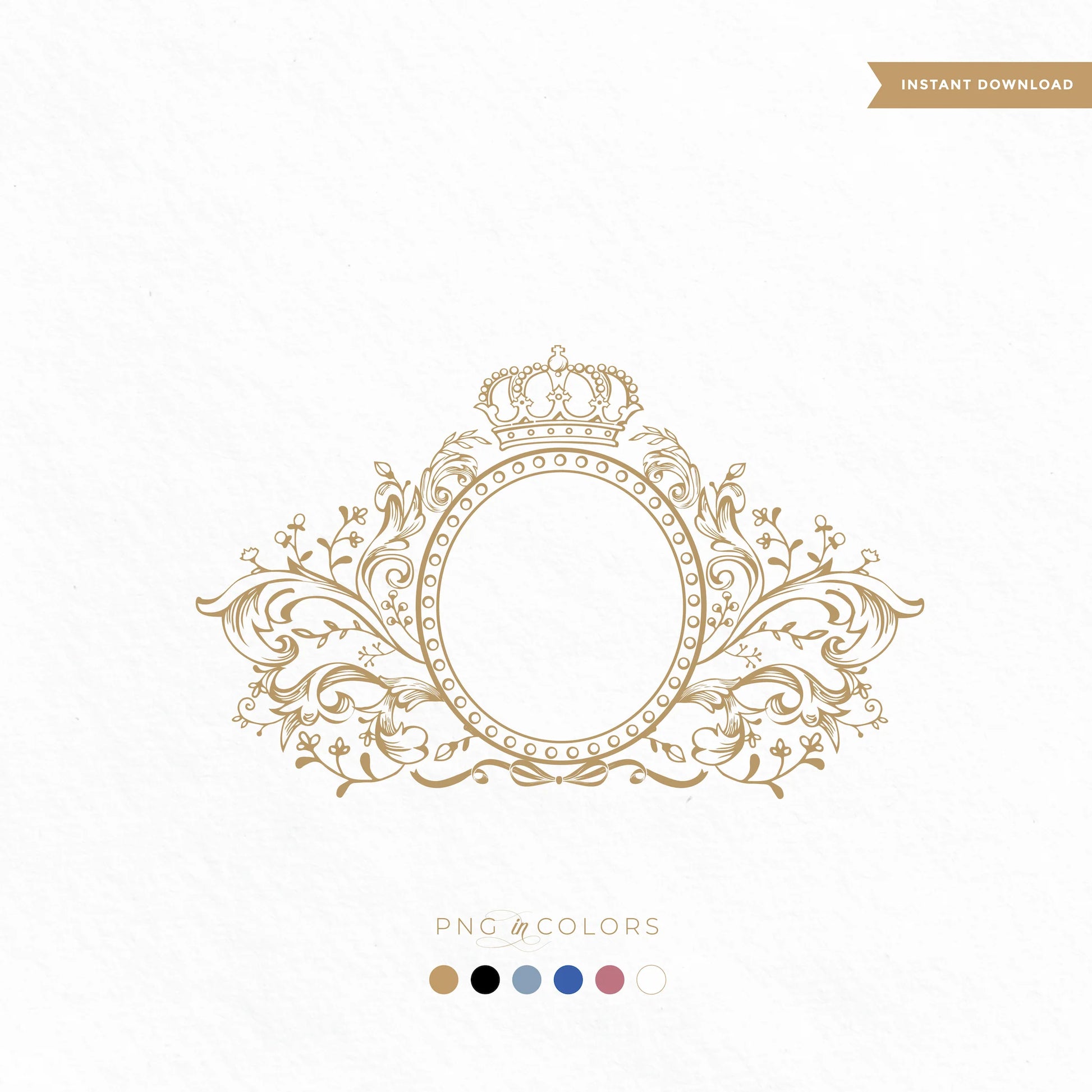 Royal wedding logo SVG with floral filigree and crown — available in 6 PNG colors including gold, black, dusty blue, mauve, ivory, and blush — ideal for regal fine art invitations.