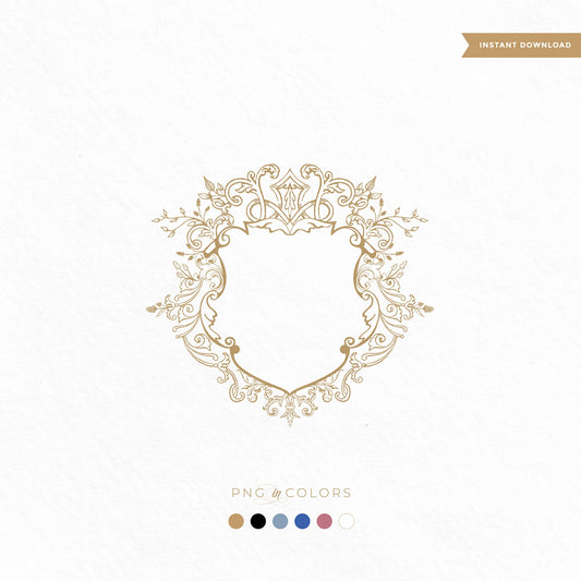 Gold ornate floral crest wedding logo SVG PNG design with intricate botanical shield – ideal for fine art wedding invitations and bespoke paper goods