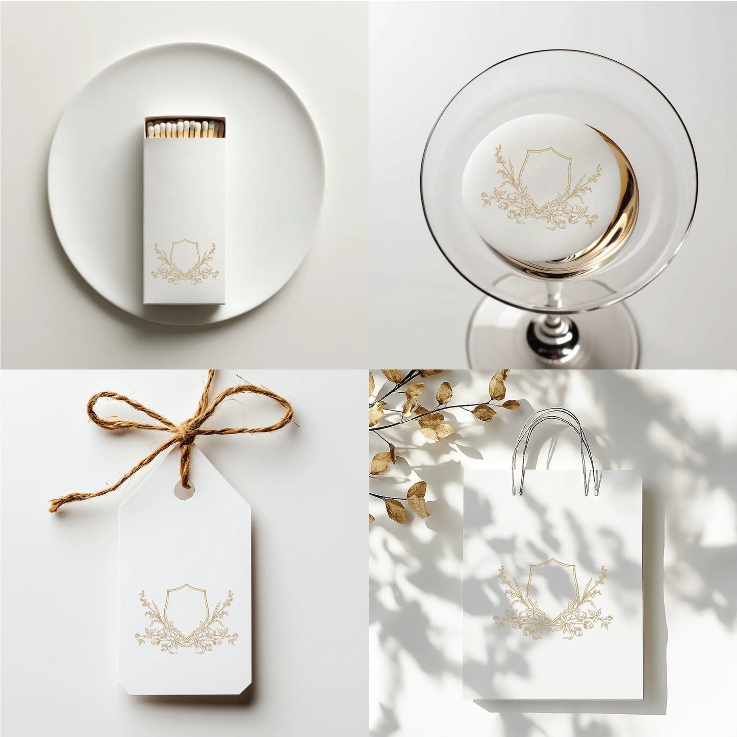 Fine art wedding logo crest with hand-drawn floral details applied to matchbox, drink topper, gift tag, and packaging — monogram design template by linvitinstant