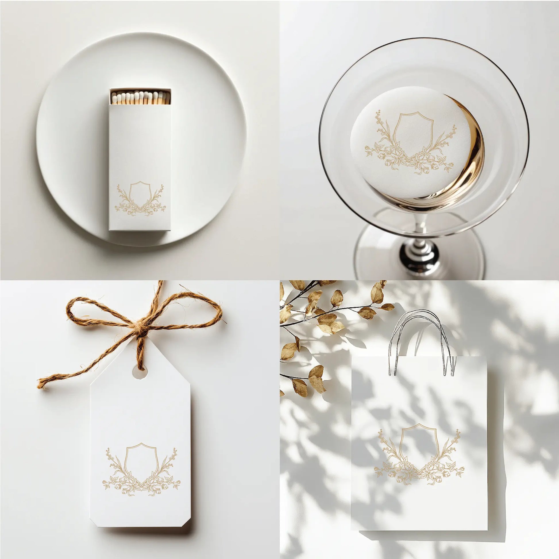 Fine art wedding logo crest with hand-drawn floral details applied to matchbox, drink topper, gift tag, and packaging — monogram design template by linvitinstant