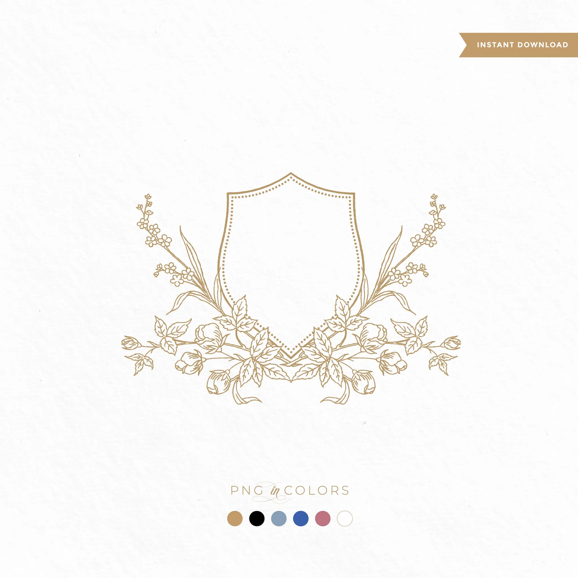 Botanical wedding crest logo with shield and detailed florals — elegant monogram PNG and SVG template in gold, rose, blue, black, and ivory by linvitinstant
