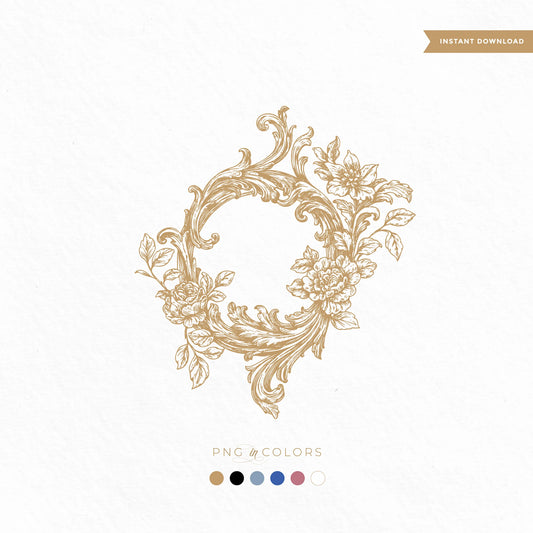 Editable floral wedding crest with peony and scrollwork | gold foil monogram SVG PNG | hand drawn logo download