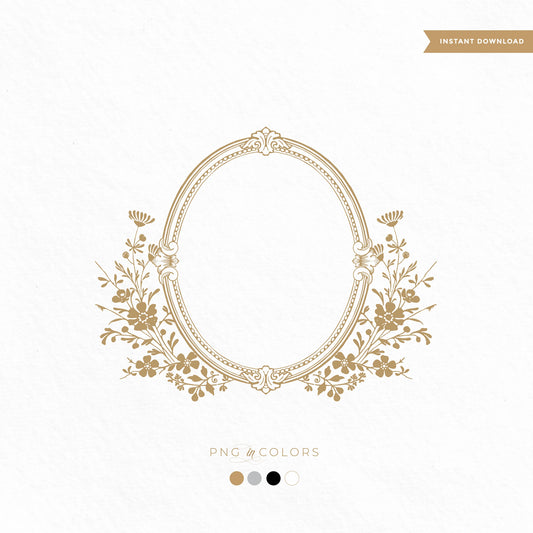 Modern vintage floral wedding logo with oval monogram frame and botanical accents, editable PNG in 4 colors for invitations and crest designs