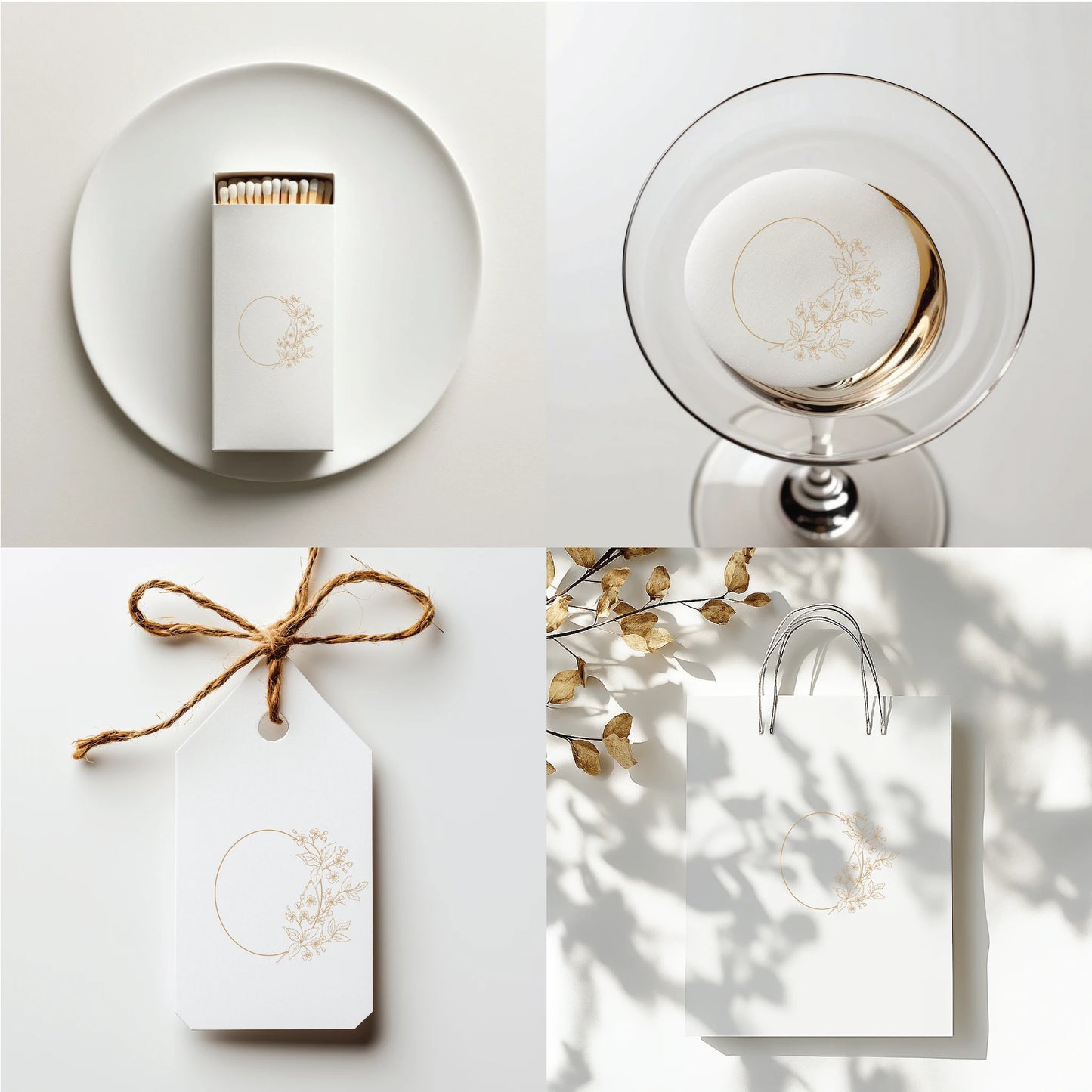 Delicate floral wedding monogram used on matchbox, drink coaster, gift tag, and luxury paper bag — modern botanical line art crest for fine wedding details