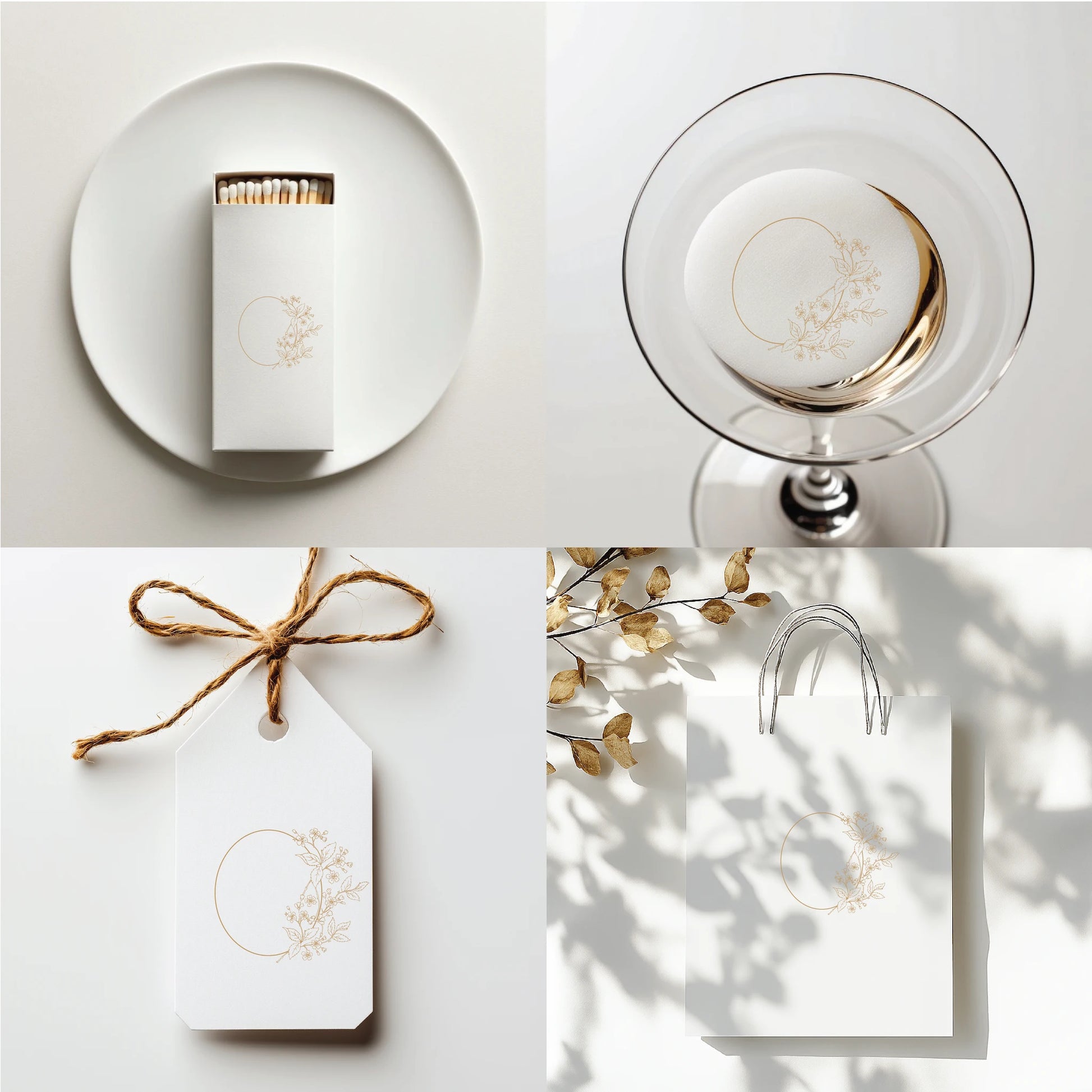 Delicate floral wedding monogram used on matchbox, drink coaster, gift tag, and luxury paper bag — modern botanical line art crest for fine wedding details