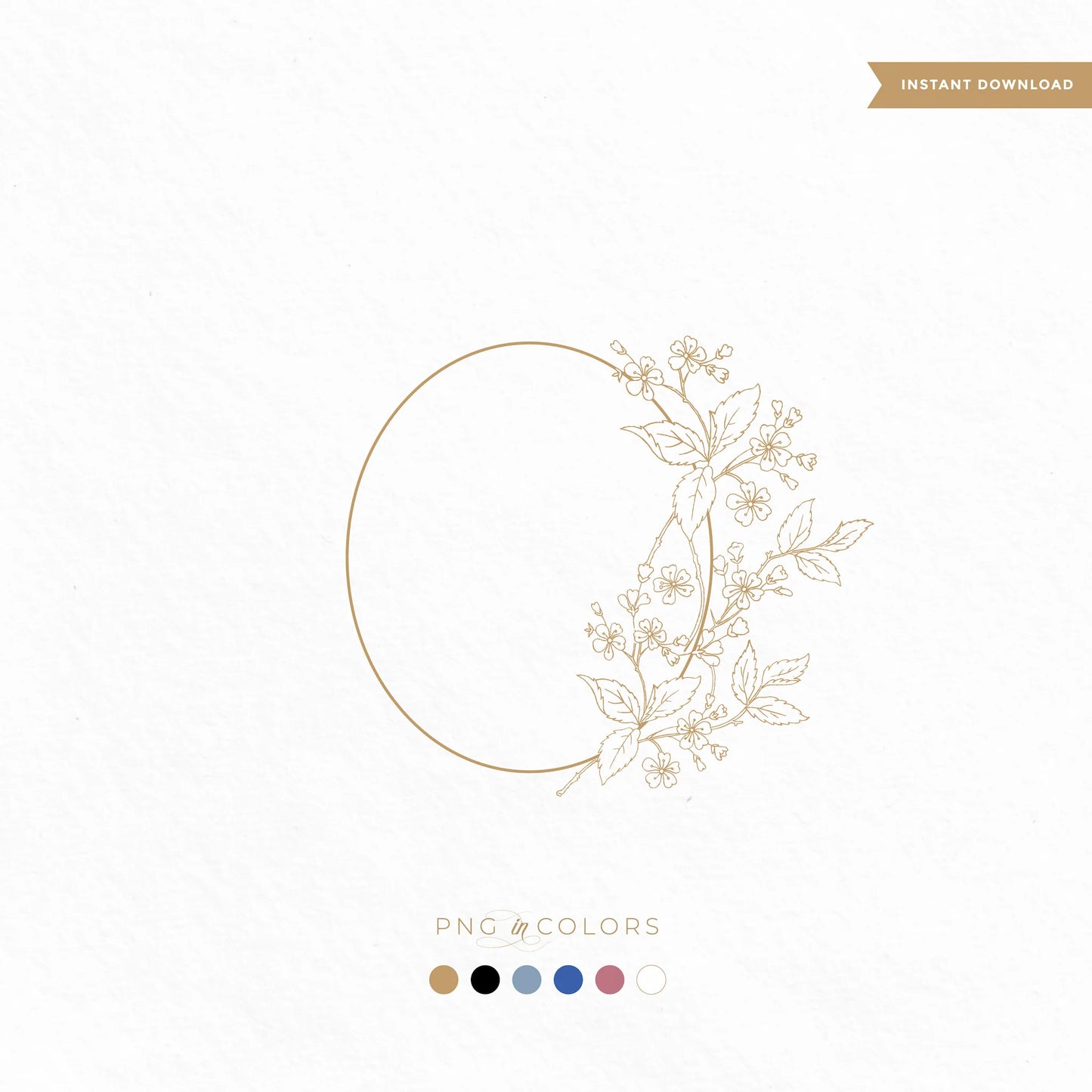 Minimalist floral wedding crest SVG with fine botanical line art in gold, black, dusty blue, rose, and white — editable digital logo download for invitations