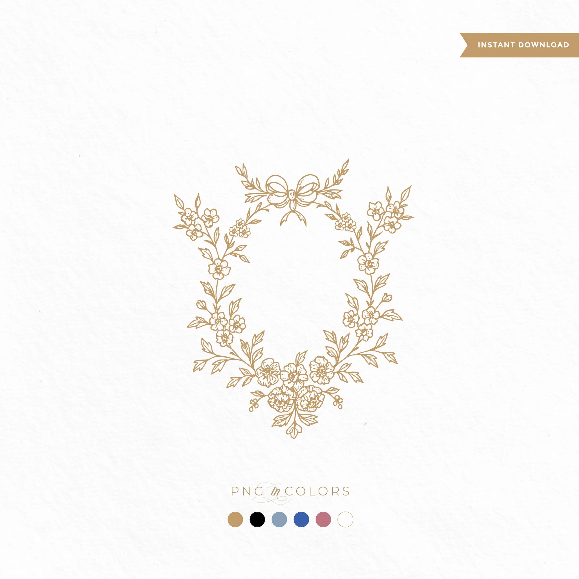 Digital download of hand-drawn floral wedding wreath logo SVG with ribbon and botanical details — available in 6 colors for Canva and Zazzle use.