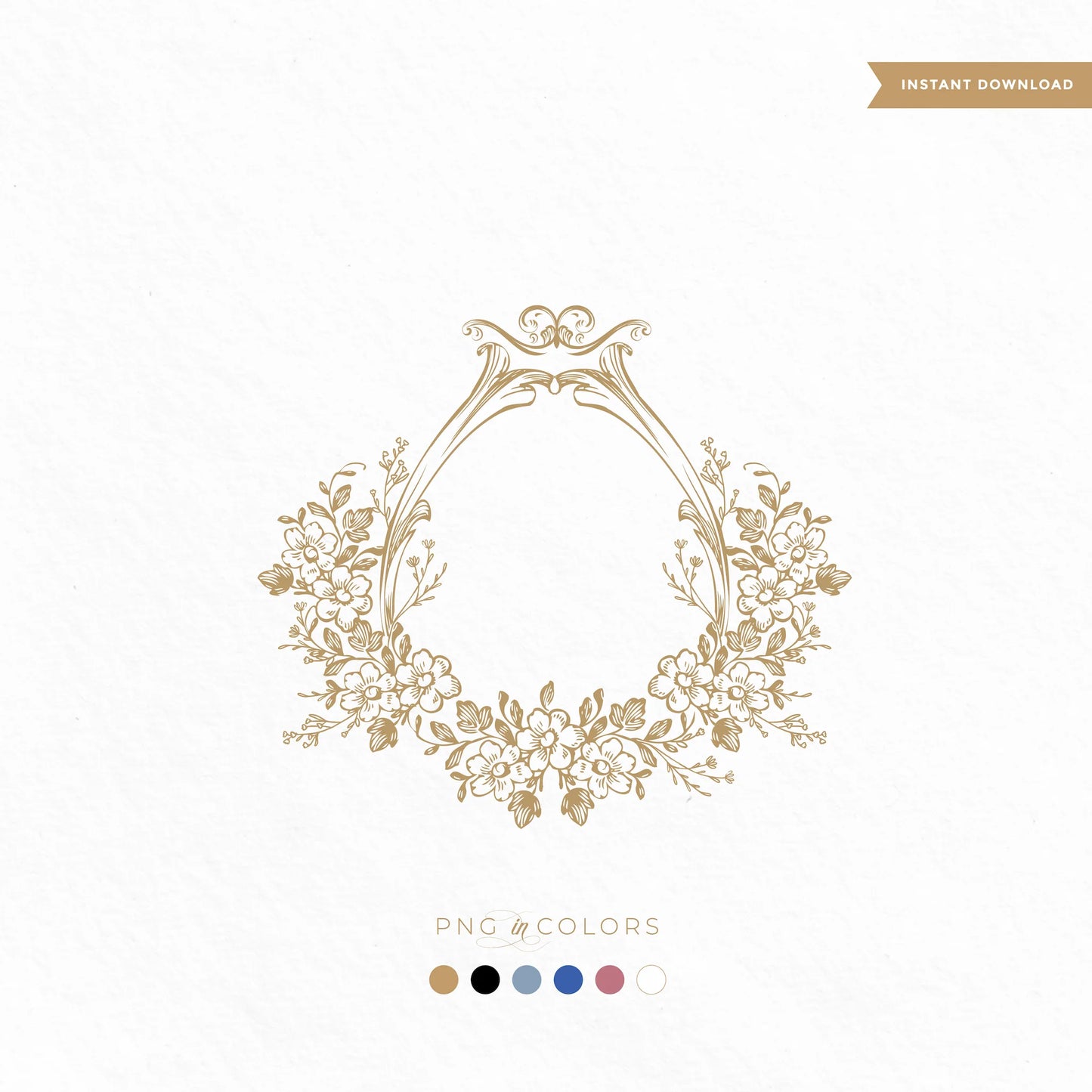 Delicate floral wedding monogram frame SVG with vintage-inspired flowers and ribbon scrollwork — includes 6 PNG color options for fine art boho stationery and handmade invitations.

