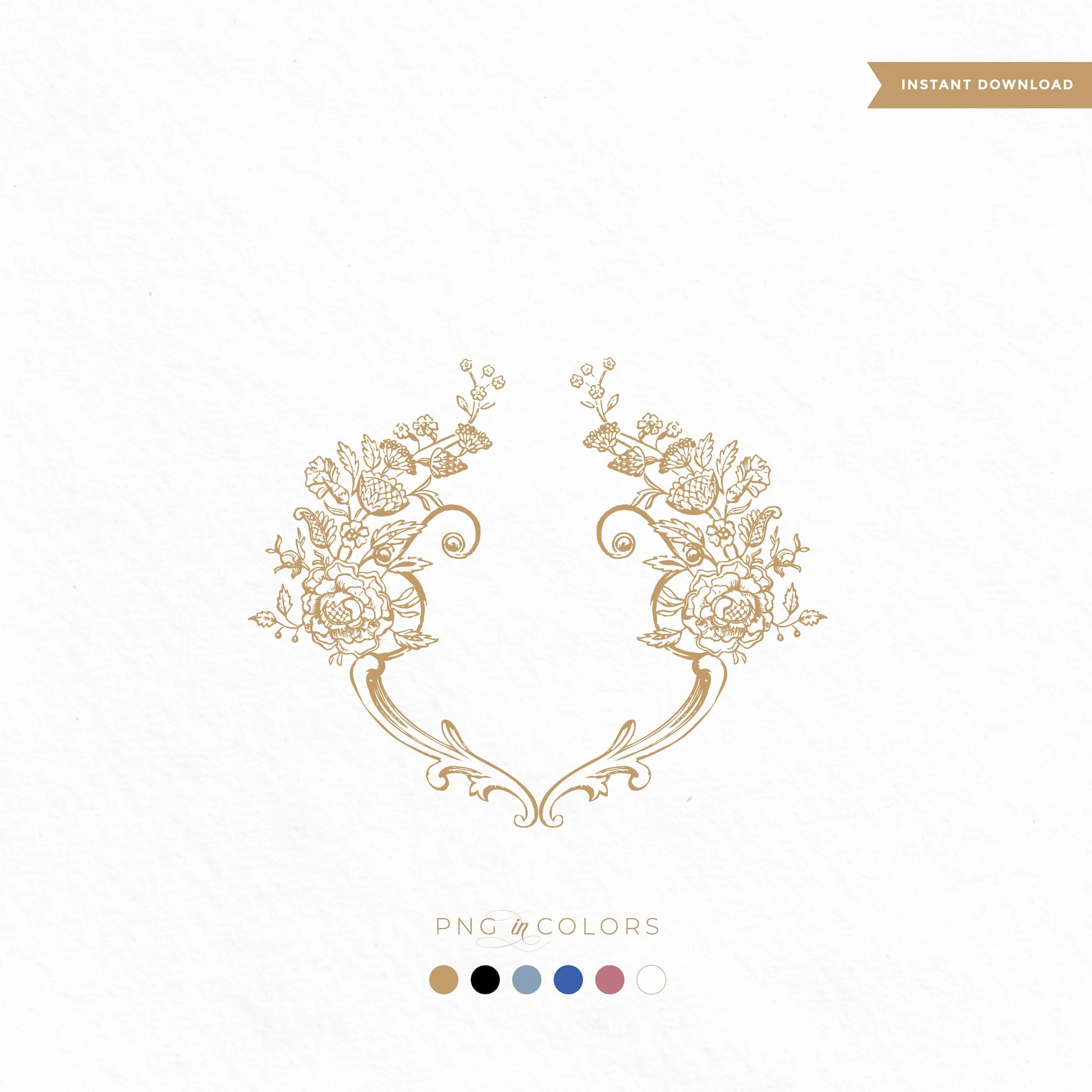 Hand-drawn flower wedding logo SVG in gold with peonies and leaves — transparent PNG design for Cricut, Canva, and foil invitation printing
