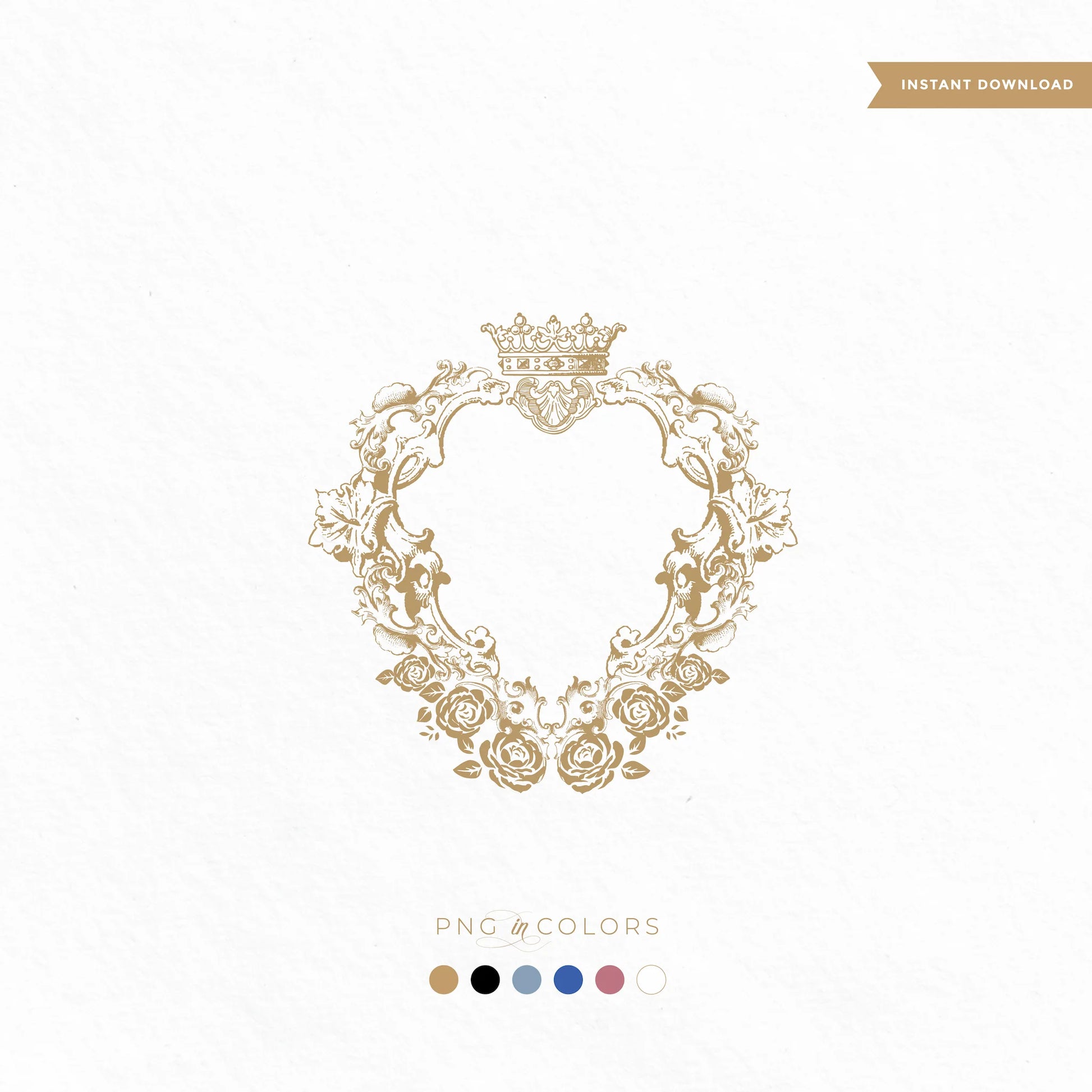 Gold antique heart-shaped wedding crest with floral roses and royal crown — fine art vintage monogram logo in 6 luxury colors (SVG & PNG) for upscale invitations by LinvitInstant.