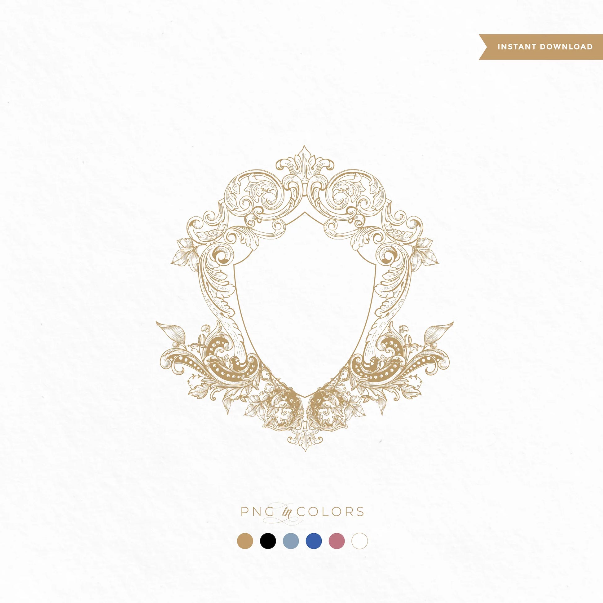 Ornate baroque wedding logo crest in gold with swirling scrolls and florals — fine art monogram SVG and PNG in chinoiserie blue, rose gold, black, and white by linvitinstant