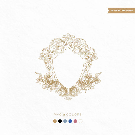 Ornate baroque wedding logo crest in gold with swirling scrolls and florals — fine art monogram SVG and PNG in chinoiserie blue, rose gold, black, and white by linvitinstant