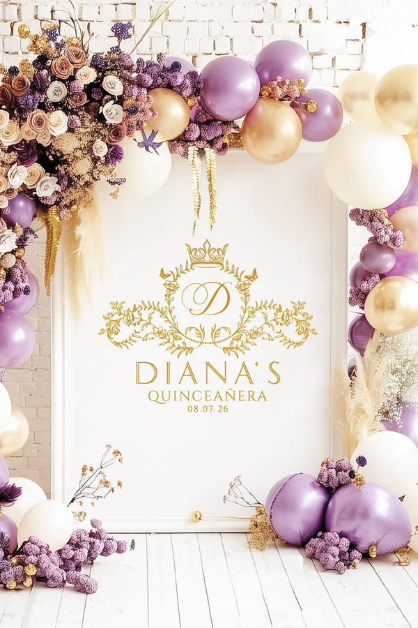 quinceañera logo design, welcome sign mockup demonstrating how the logo appears on event signage