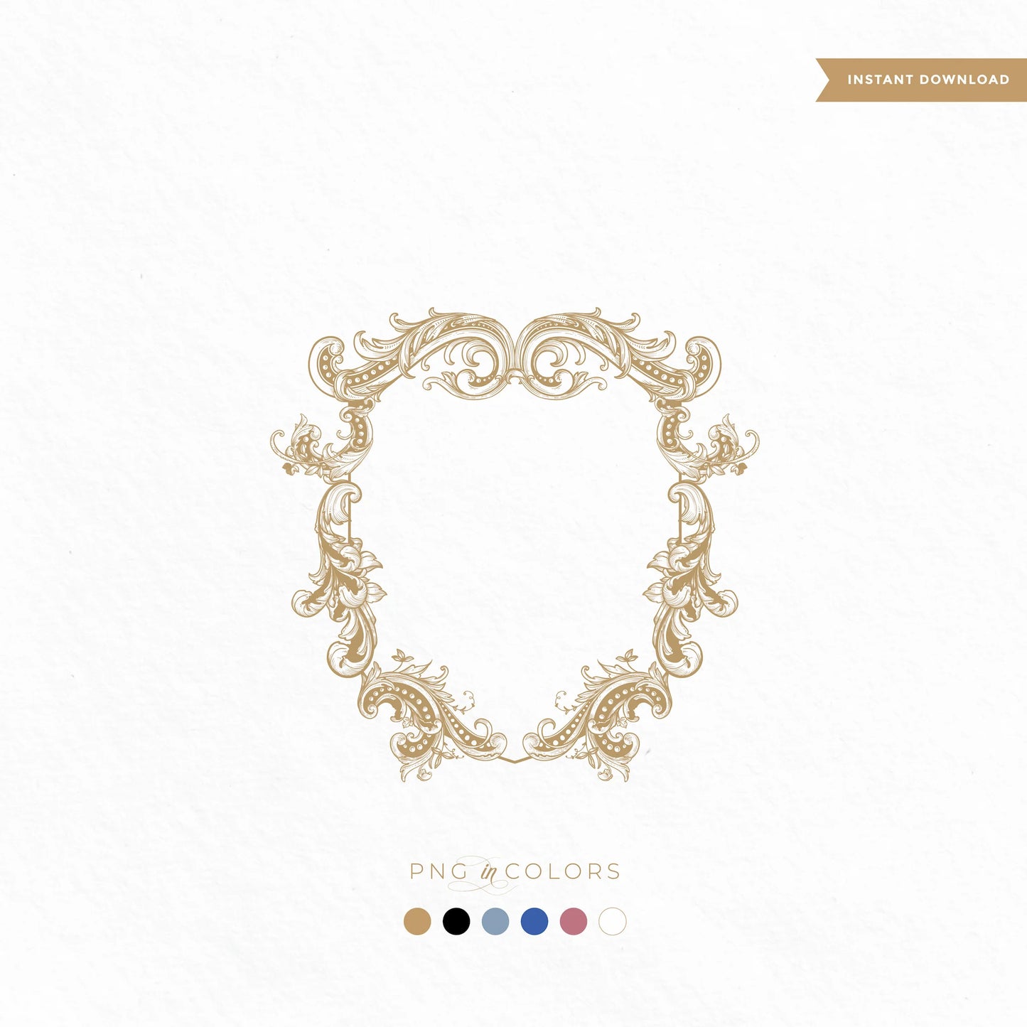 Gold fine art monogram crest with intricate baroque scroll design – available in SVG and PNG formats for premium wedding logos, invitations, and crest branding

