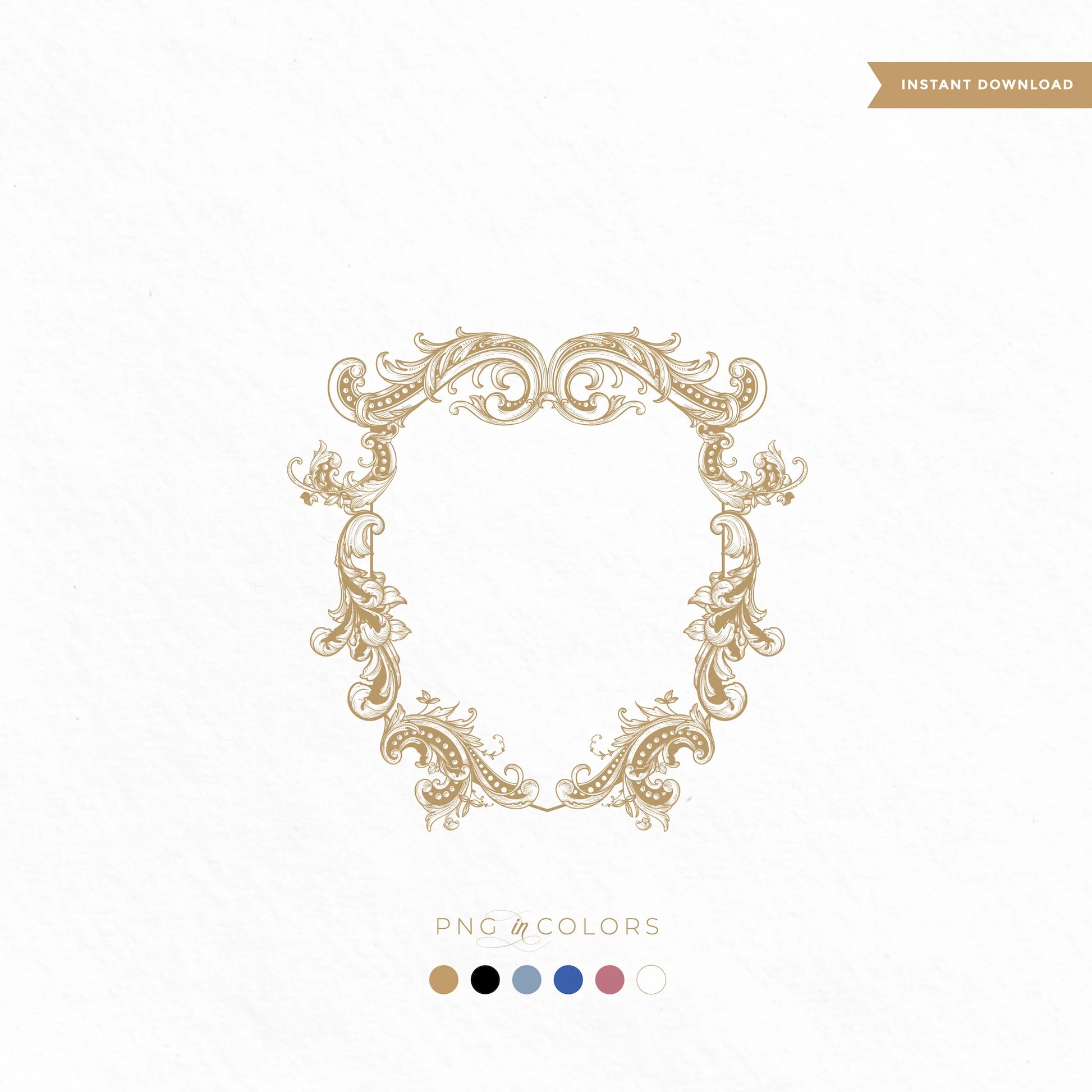 Gold fine art monogram crest with intricate baroque scroll design – available in SVG and PNG formats for premium wedding logos, invitations, and crest branding

