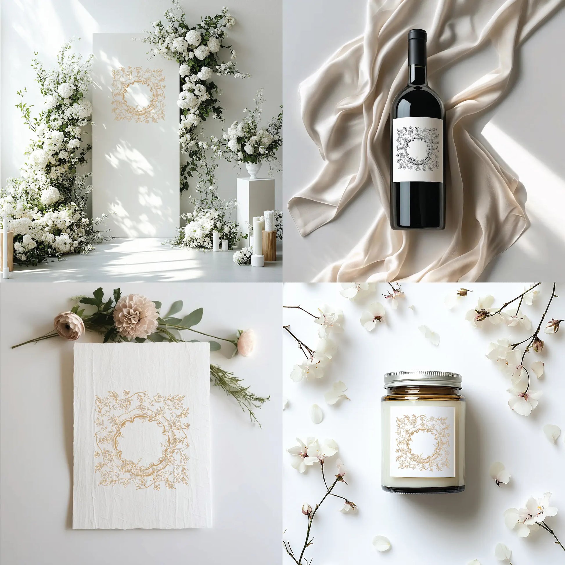 Square botanical wedding crest logo displayed on ceremony backdrop with white florals and vintage decor