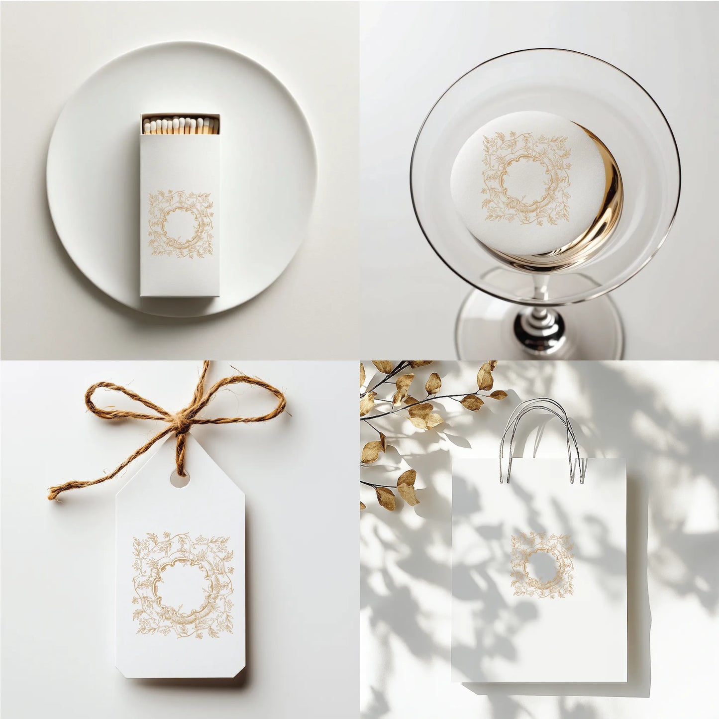 Square floral crest logo SVG on minimalist white matchbox for fine art wedding favors
